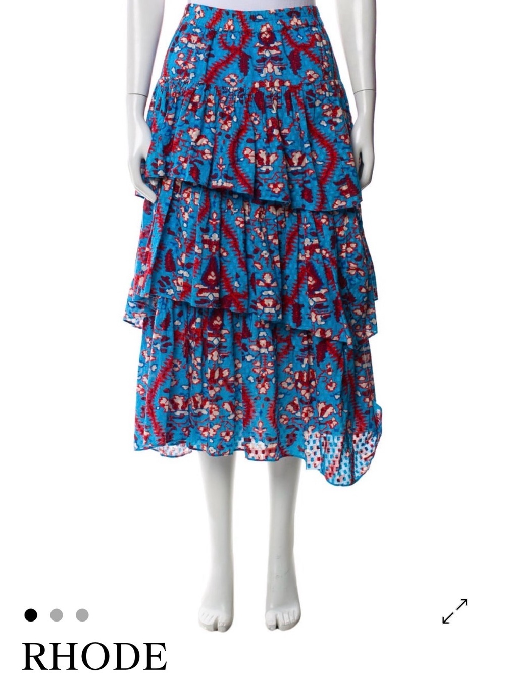 RHODE Bright Blue Tiered Midi Skirt with Red Floral Print